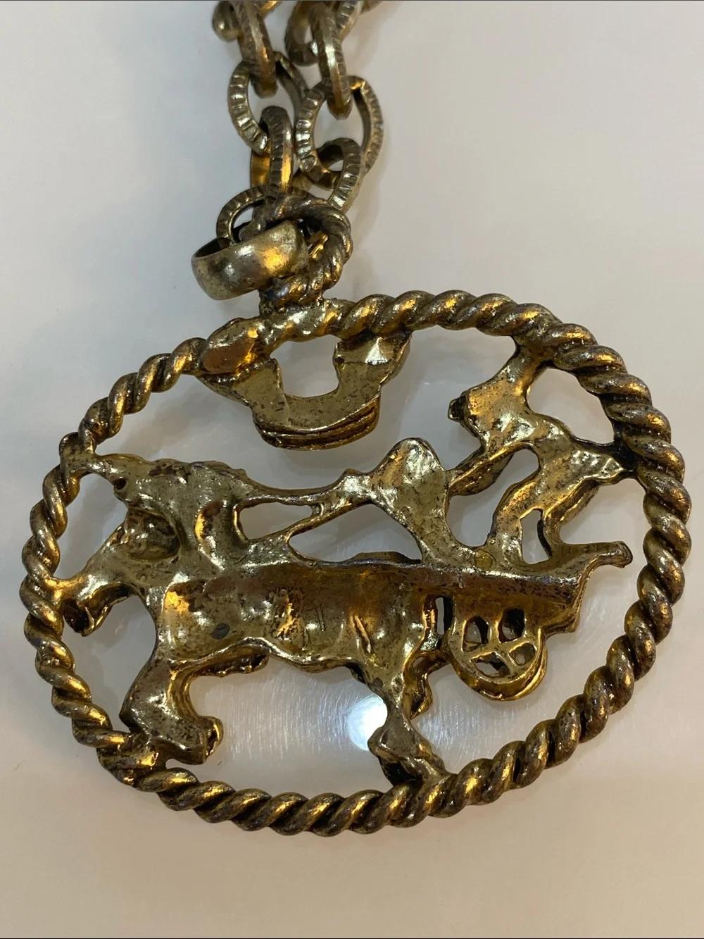 Vintage Horse Chariot Charm Bracelet Brass Tone Large Oval Ben-Hur Roman Style